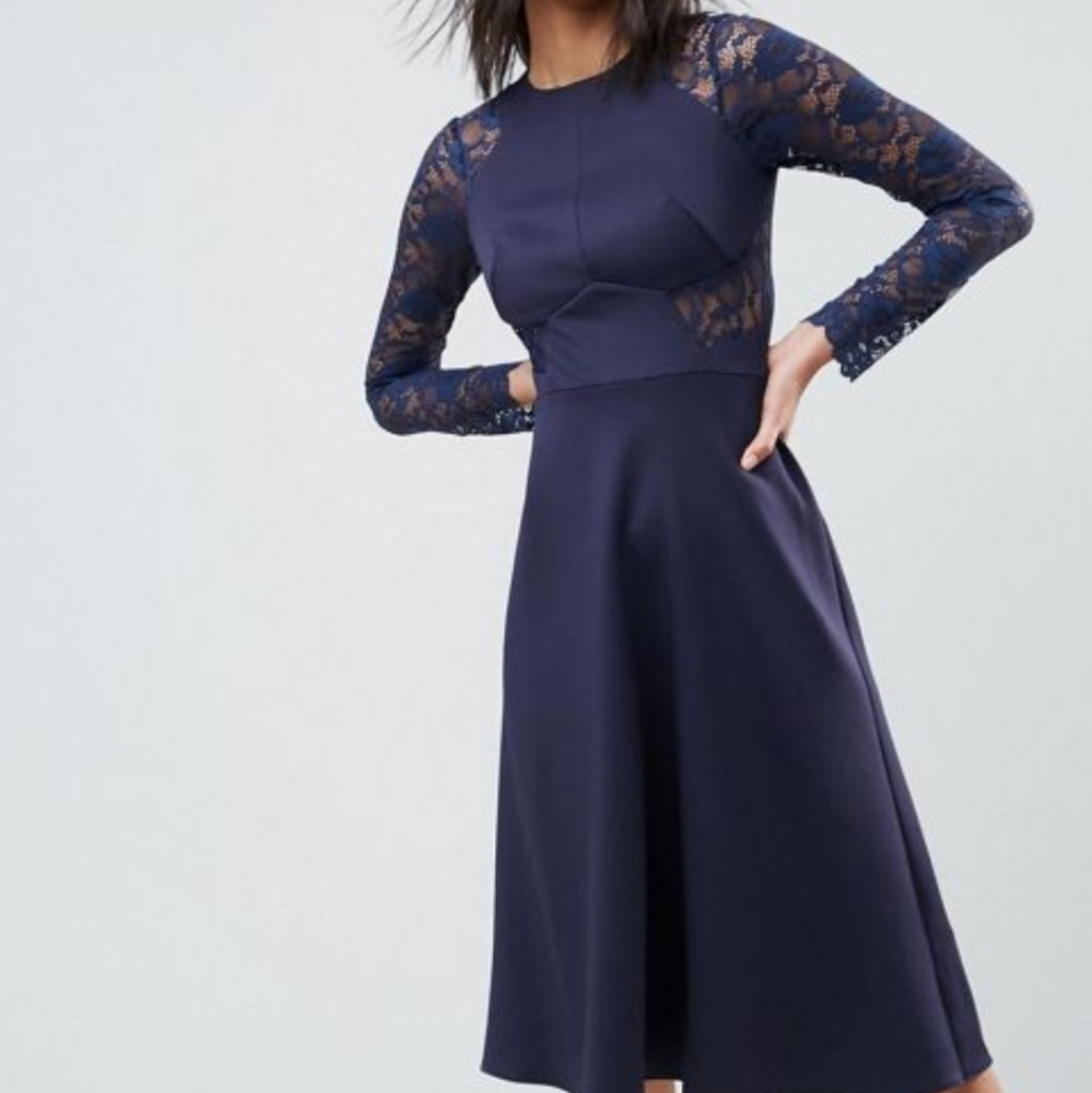 Lace Long Sleeve Navy Midi Occasion Wedding Dress
